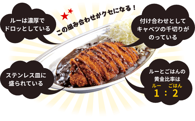 ルーは濃厚でドロッとしている付け合わせとしてキャベツの千切りがのっているステンレス皿に盛られているルーとごはんの黄金比率は1：2この組み合わせがクセになる！